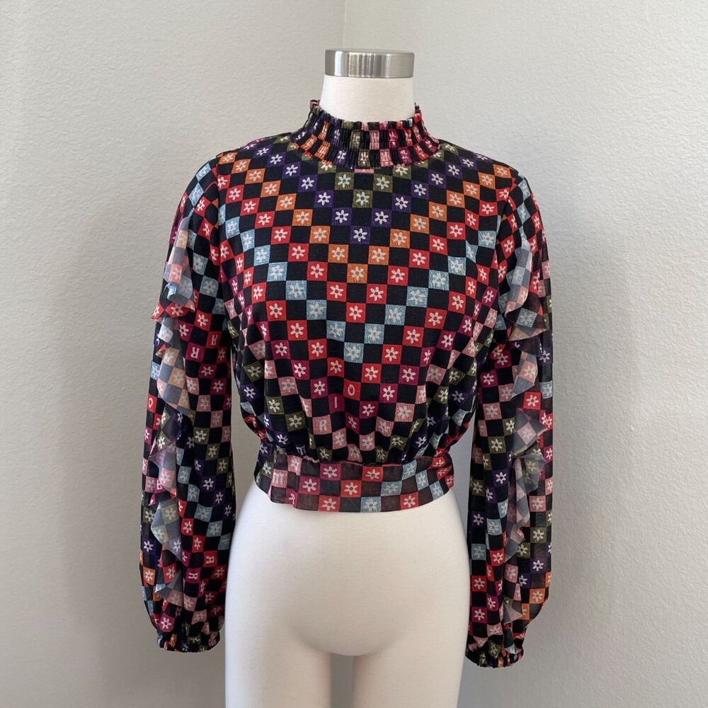 Farm Rio For Anthropologie XS Colorful Checkered Ruffle Sleeve Crop Top Blouse
